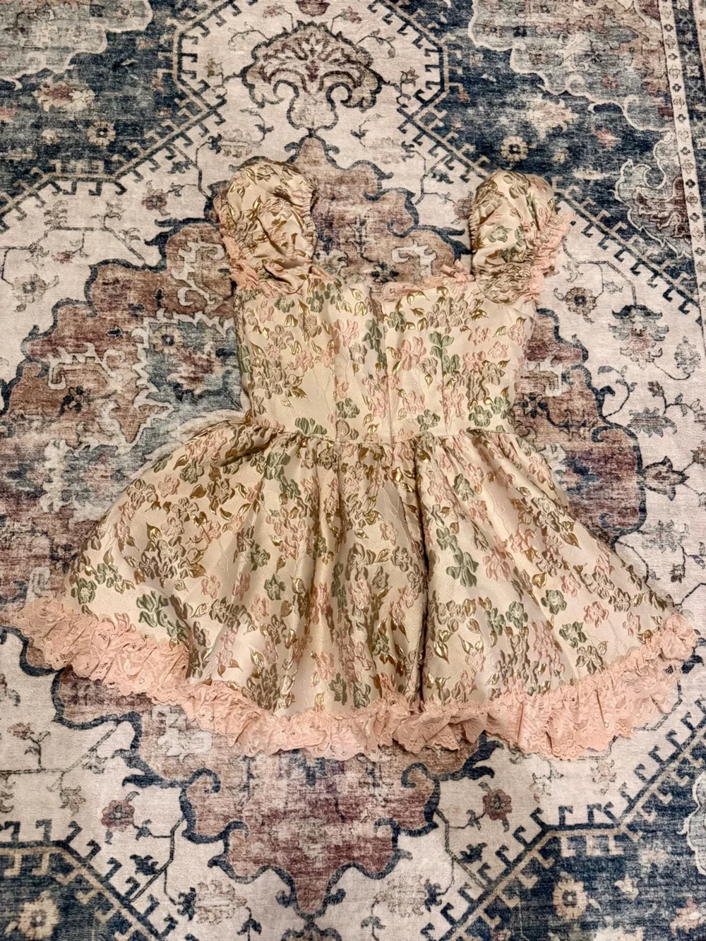 Sugar Thrillz Brocade Pink and Cream Floral Lace Puff Sleeve Dress - Picture 4 of 5